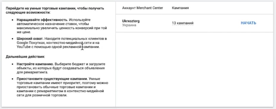 Настройка умной товарной кампании