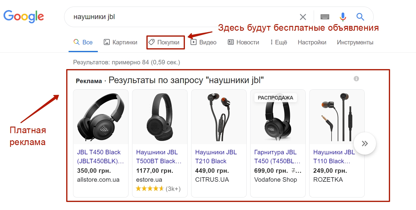 Product ads in search results