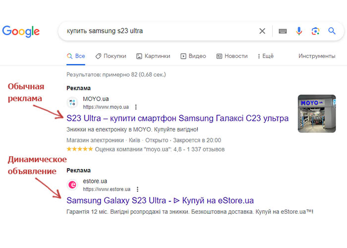 Dynamic ads in the search engine