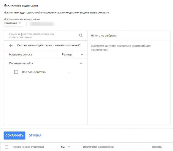 Исключение аудитории из рекламной кампании