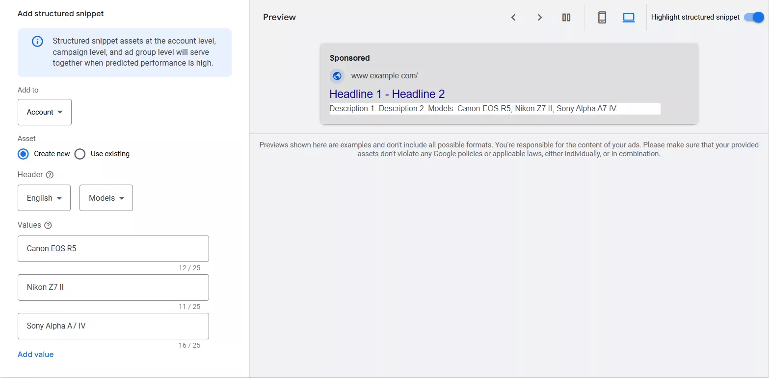 Настройка структурированных описаний