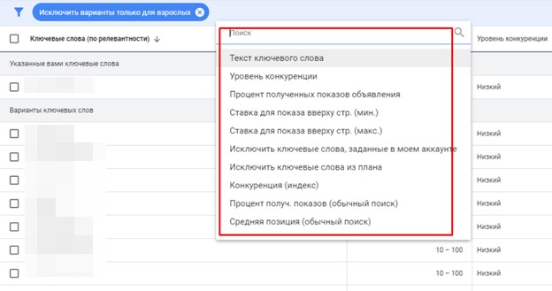 Фільтри в Google Keyword Planner