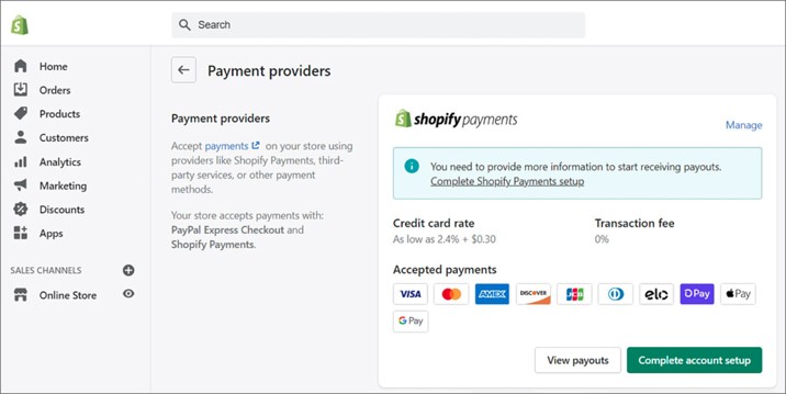 Подключение платежной системы Shopify Payments