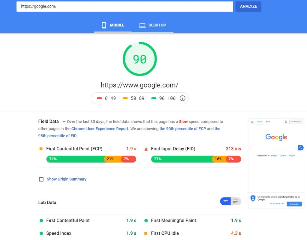 Проверка скорости сайта в Google PageSpeed Insights