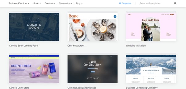 Template selection in the Wix Builder