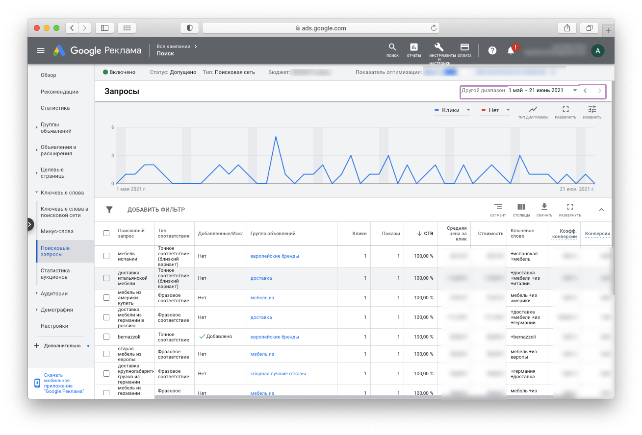 Отчет по поисковым запросам в Google Рекламе