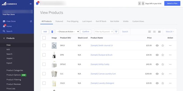Admin panel of an online store on BigCommerce
