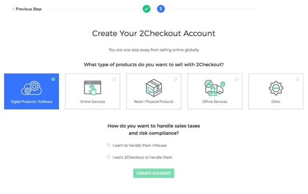 Select the type of product in the 2Checkout service