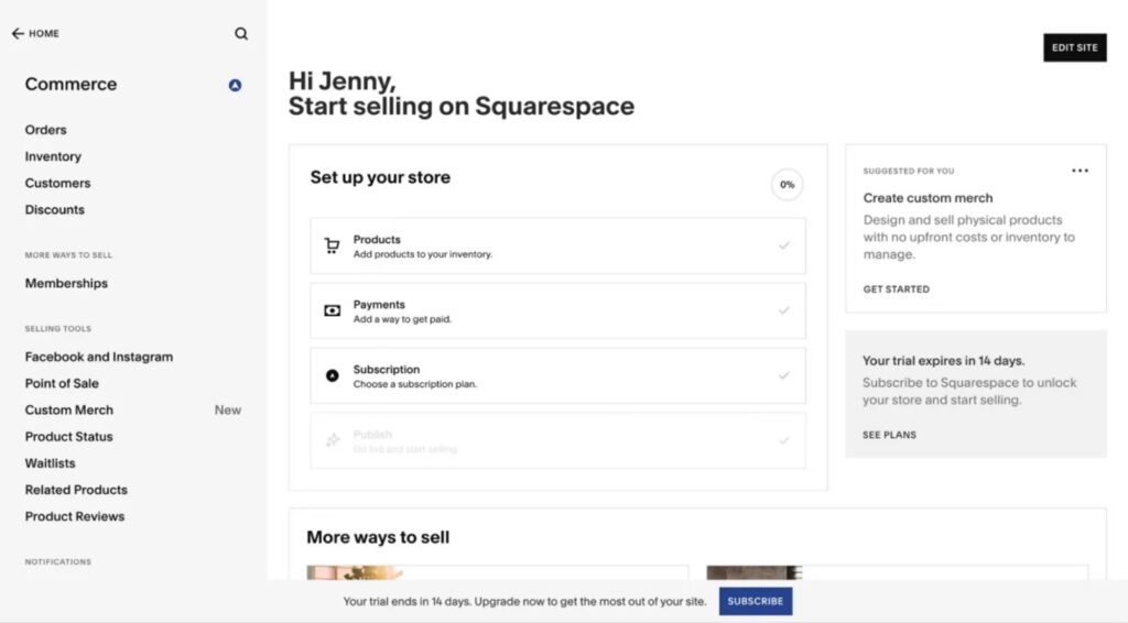 Squarespace admin panel interface