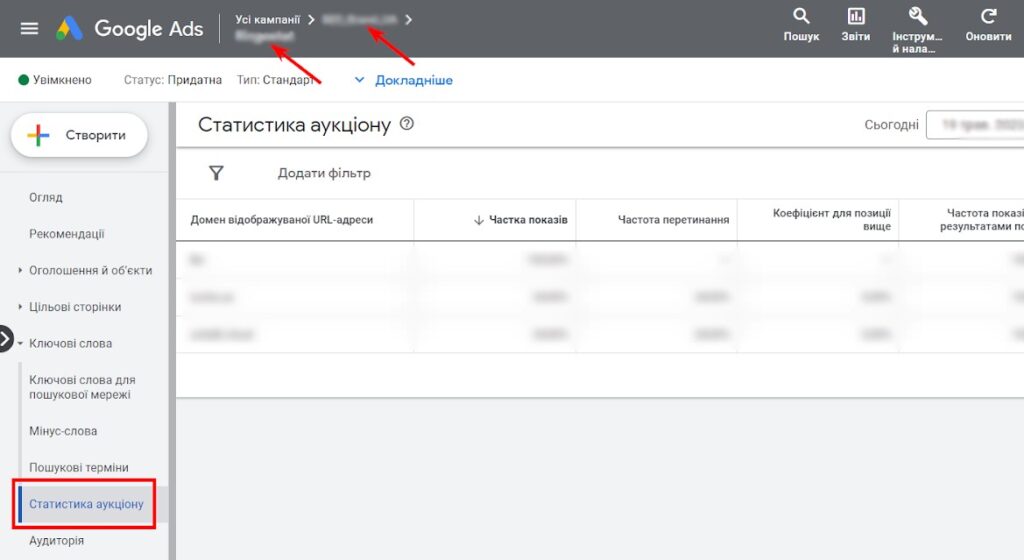 Выбираем нужную кампанию и группу объявлений