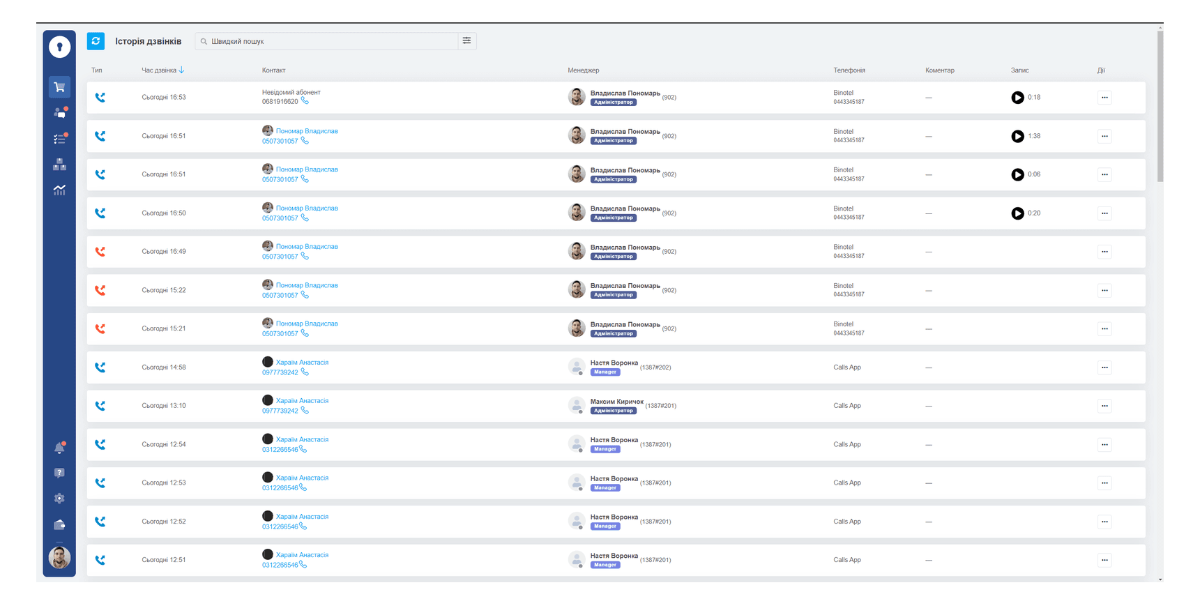 История звонков