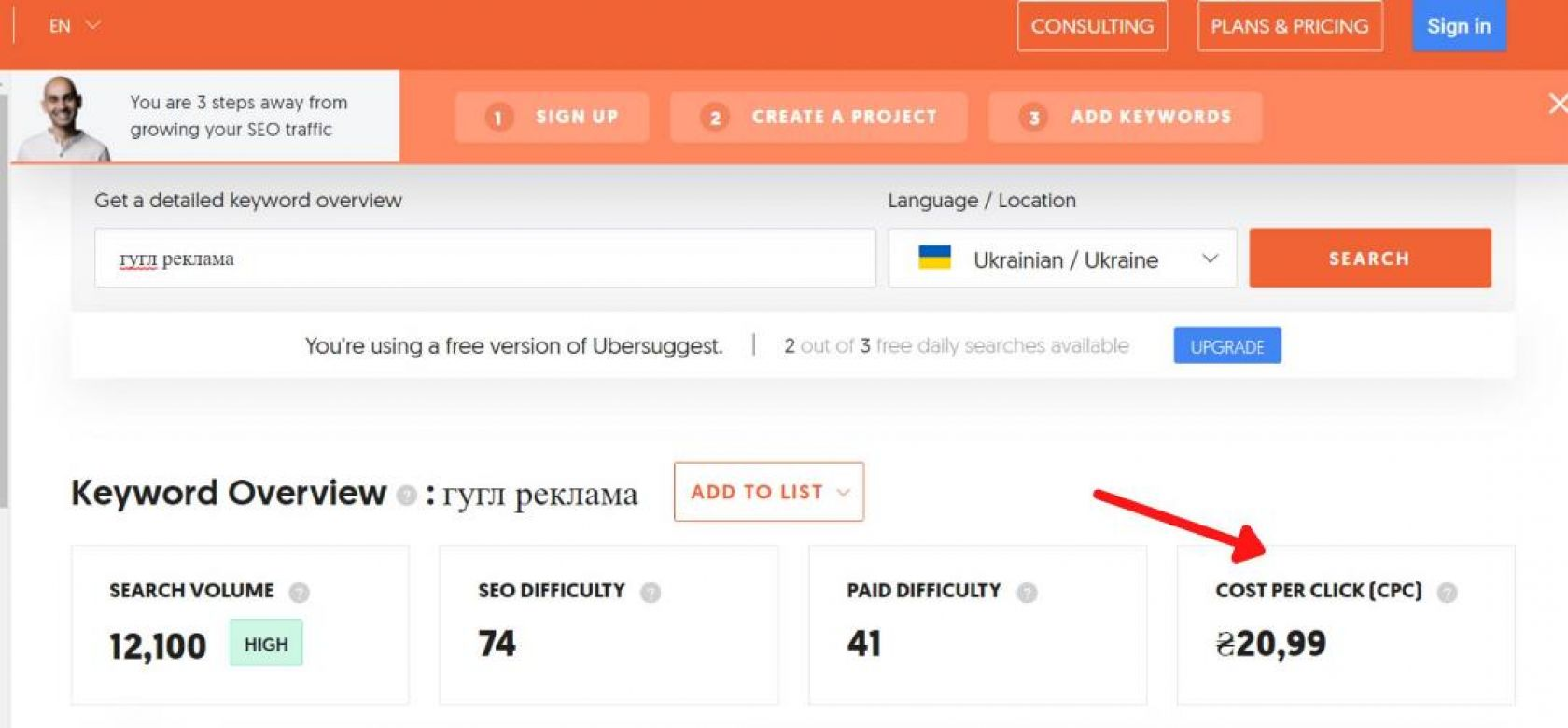 Інтерфейс сервісу Ubersuggest