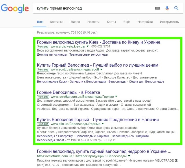 Пример контекстной рекламы в поиске Google
