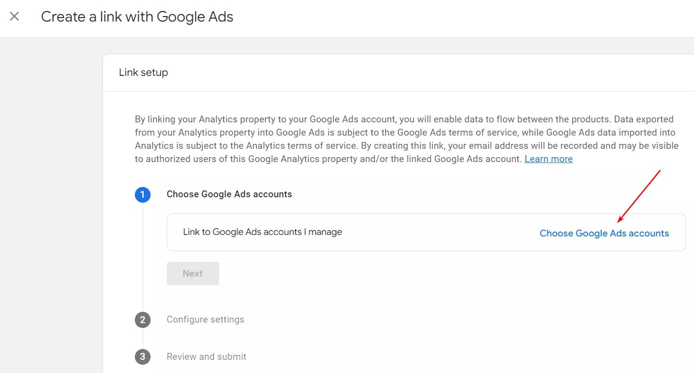 Выбираем учетную запись в Google Ads