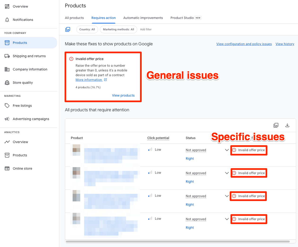Отклоненные и ограниченные товары в фиде в Google Merchant Center