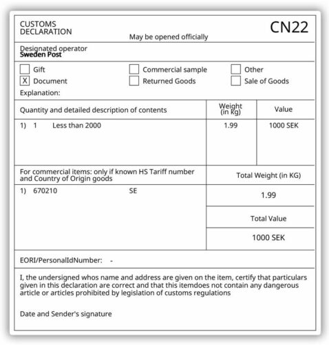 CN22 customs declaration for shipping goods abroad